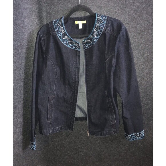 Sigrid Olsen Full Zip Top XL Long Sleeve Embroidery Indigo Lightweight Blue Coat - Picture 3 of 11